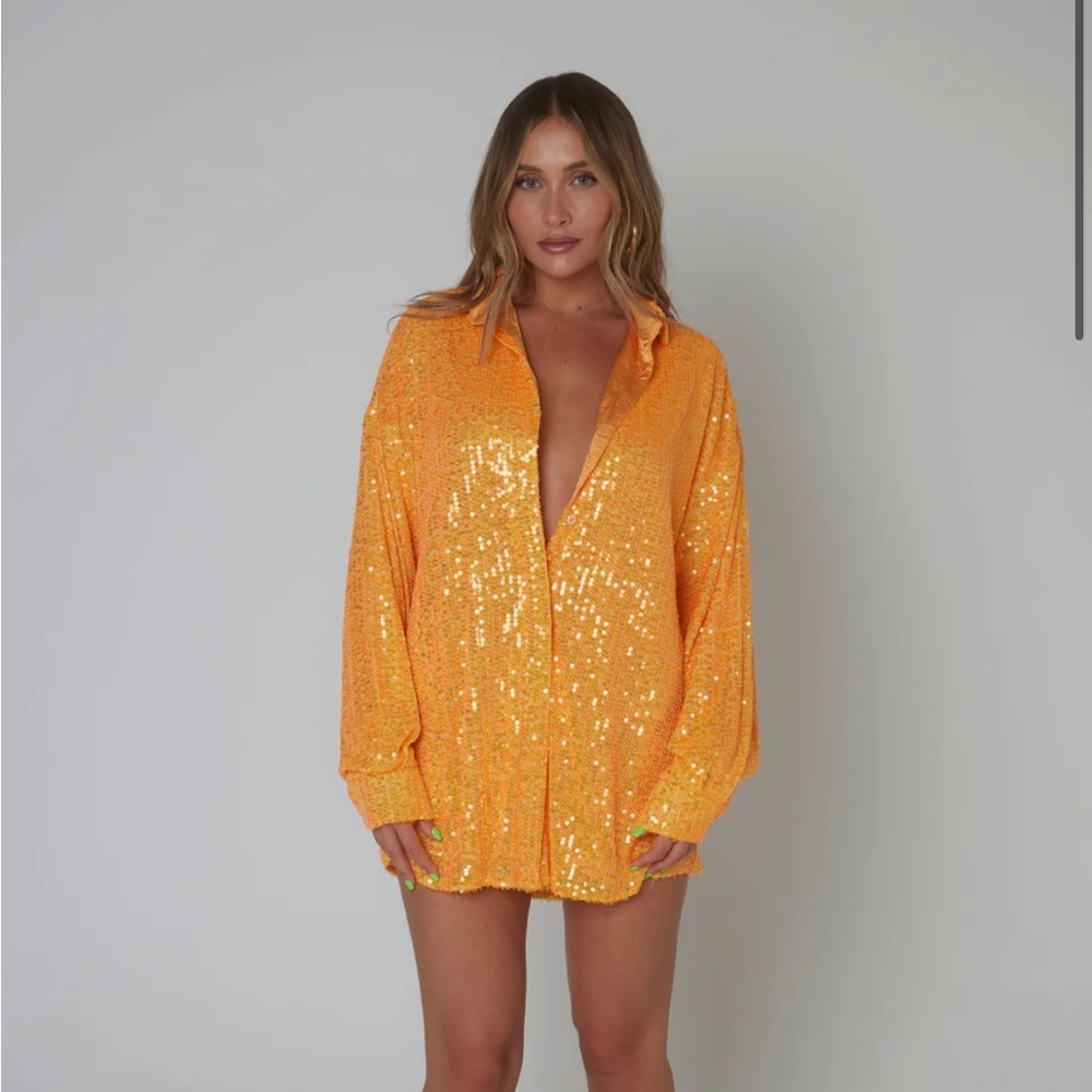 SLA THE LABEL ORANGE IBIZA SEQUIN SHIRT DRESS